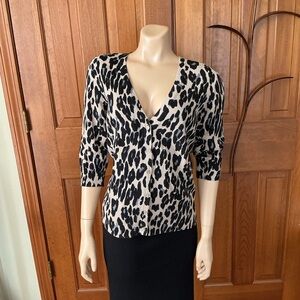 AB Studio Leopard-Print V-Neck Button Front Top - Black, gray and Cream
